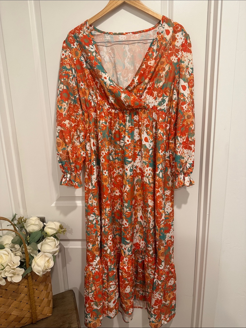 Floral V-Neck Maxi Dress in Orange and Teal